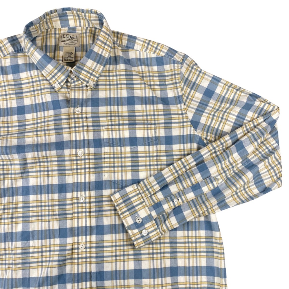 L L Bean Mens Large Traditional Fit Plaid Stretch Shirt Blue Yellow Cotton